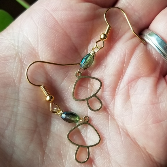 Handmade Brass Mushroom and Green Vitrail Earrings - 1" Drop - New - Picture 2 of 2